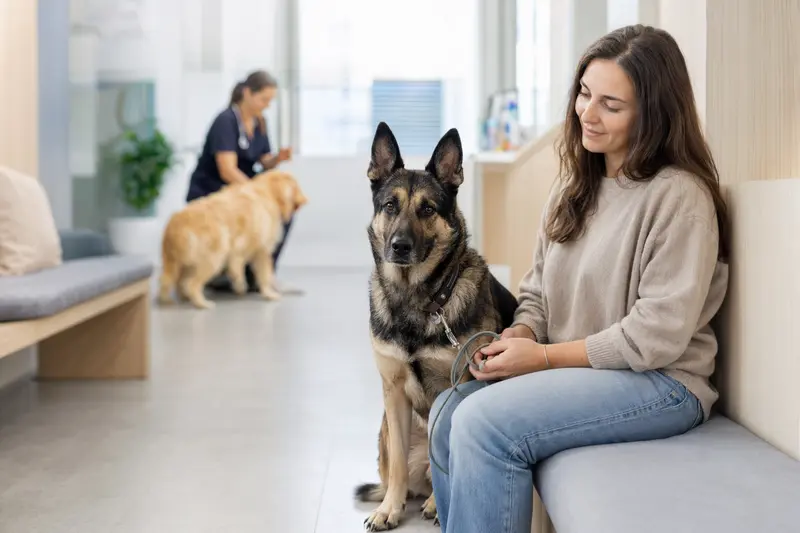 Ein Osteuropäischer Schäferhund sitzt ruhig neben seinem Besitzer im hellen Wartezimmer einer modernen Tierarztpraxis.